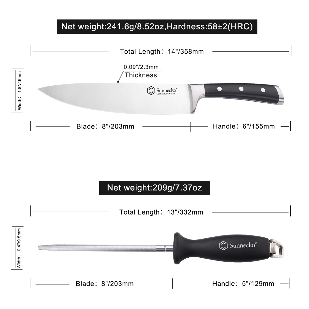 SUNNECKO Premium 8'' Chef Knife+Sharpener German 1.4116 Steel Blade Sharp 2pcs Kitchen Knives Set ABS Handle Meat Cutter Tools
SUNNECKO Premium 8'' Chef Knife+Sharpener German 1.4116 Steel Blade Sharp 2pcs Kitchen Knives Set ABS Handle Meat Cutter Tools