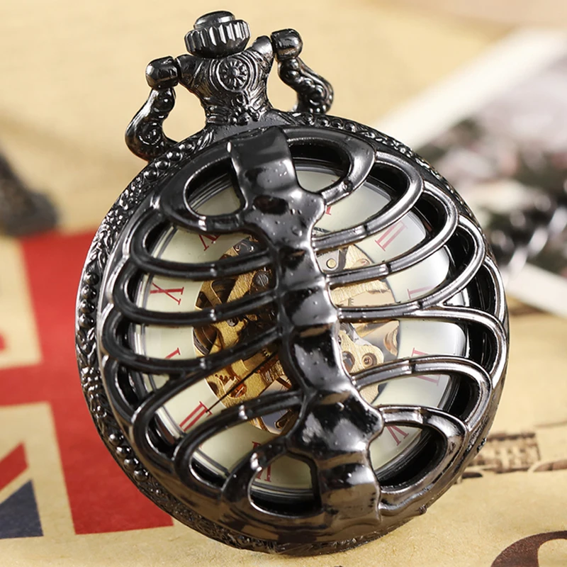 

Retro Black Hollow Spine Ribs Style Mechanical Pocket Watch Male Steampunk Skeleton Clock Roman Pocket Watch With Fob Chain Men