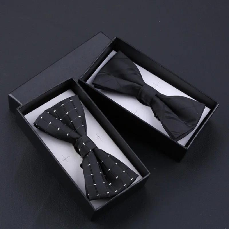 Фото Мужской галстук-бабочка в горошек черный из двойной ткани для свадебного банкета