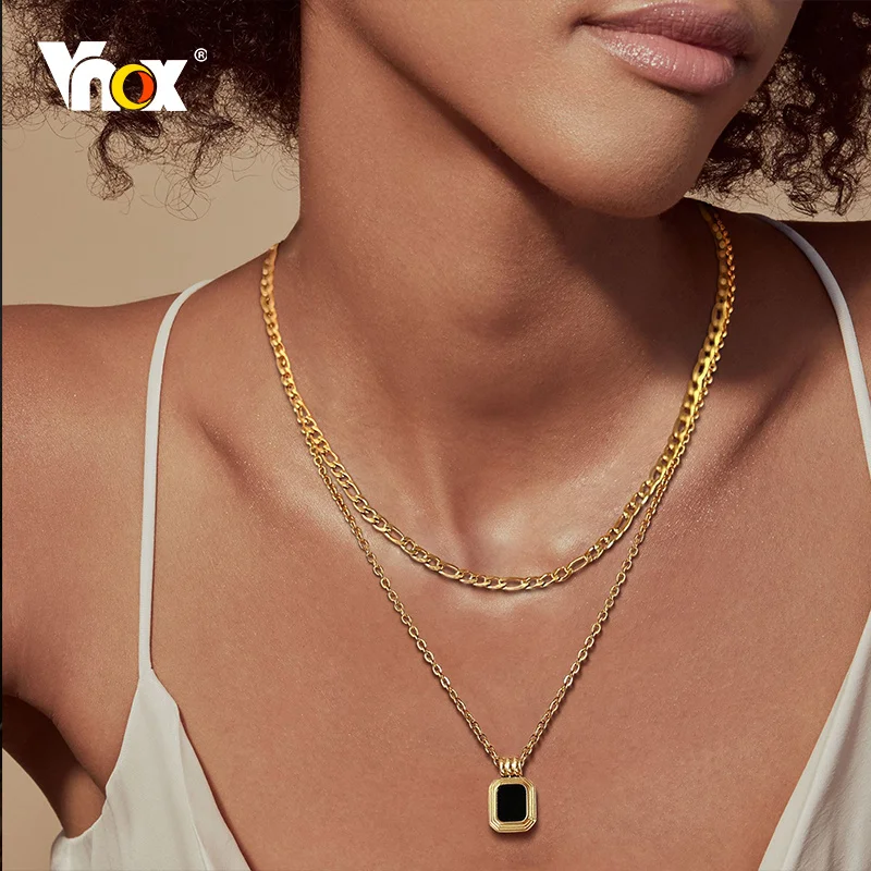 

Vnox Dainty Layered Necklaces for Women Men, Gold Tone Stainless Steel Figaro Chain Choker, Geometric Square Pendant Collar
