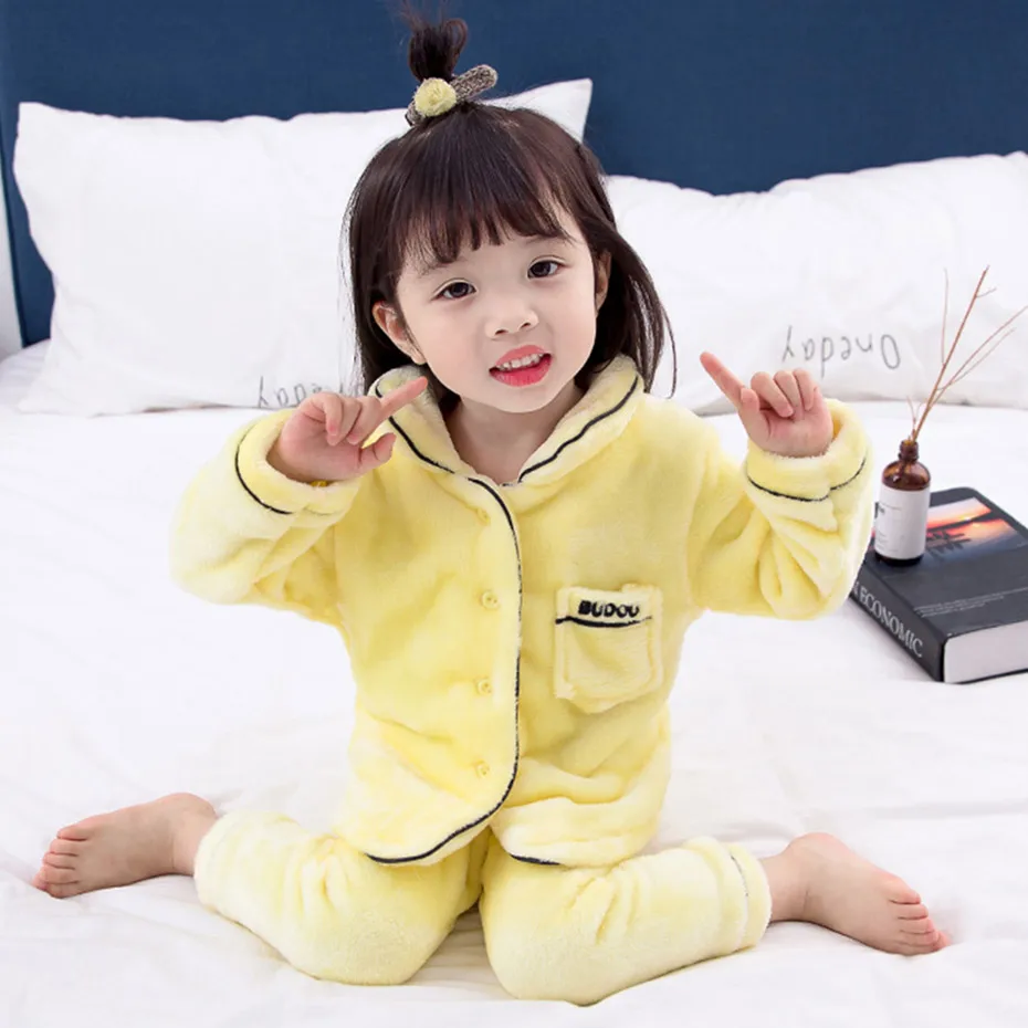 Одежда для маленьких девочек однотонная Пижама костюм теплые фланелевые