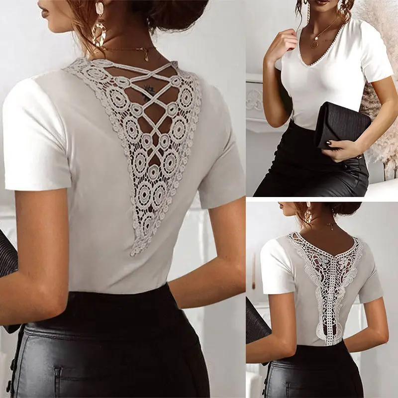 2021 Summer Women Fashion New Simple Back V-neck Lace Patchwork Short-Sleeved Lady Top T-shirt clothing
2021 Summer Women Fashion New Simple Back V-neck Lace Patchwork Short-Sleeved Lady Top T-shirt clothing
