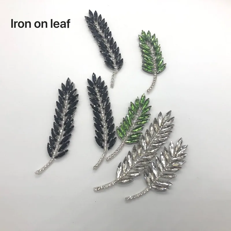 

diamond crystal iron on hotfix leaf shape beaded applique patches motif diy for clothing bordados para ropa