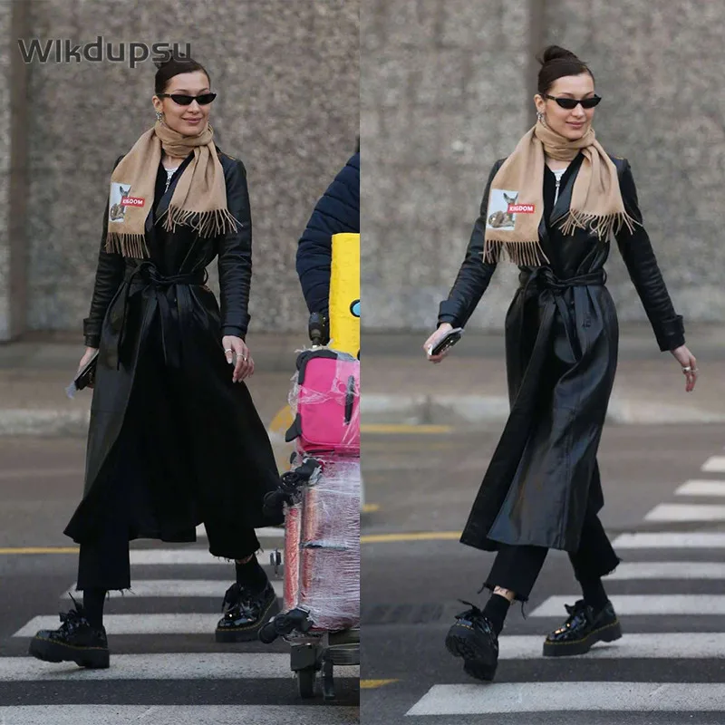Extra Long Black Winter Leather Jacket Coat For Women Bella Hadid Style High Quality PU Leather Trench Lady Trenchcoat Overcoat
Extra Long Black Winter Leather Jacket Coat For Women Bella Hadid Style High Quality PU Leather Trench Lady Trenchcoat Overcoat