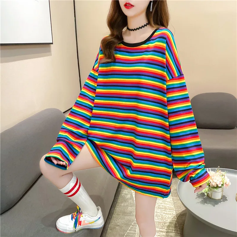Rainbow Striped T-shirt Female Punk Long Sleeve Shirt Women 2020 Spring Autumn Big Clothes Oversize Patchwork Top Long T Shirt
Rainbow Striped T-shirt Female Punk Long Sleeve Shirt Women 2020 Spring Autumn Big Clothes Oversize Patchwork Top Long T Shirt