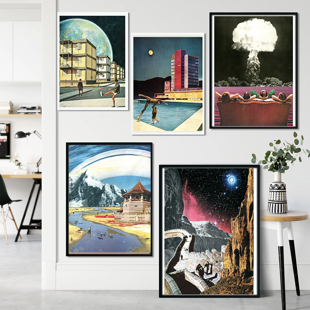 

Nordic Abstract Retro Canvas Painting Sci-Fi Art Wall Posters and Prints Surrealistic Night Sky Scenery Picture Frameless Mural