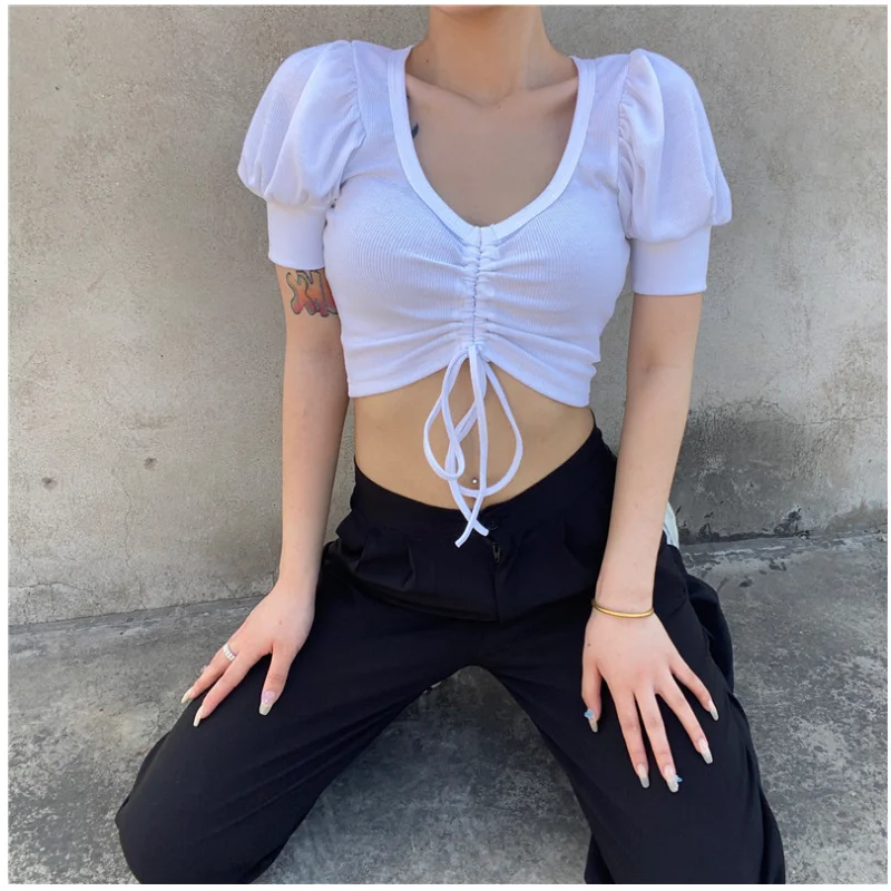 2021 Summer Women's New Fashion V Collar Solid Color Casual Short Sleeved Female Slimming Sexy T-shirt Navel Drawstring Tops 
2021 Summer Women's New Fashion V Collar Solid Color Casual Short Sleeved Female Slimming Sexy T-shirt Navel Drawstring Tops