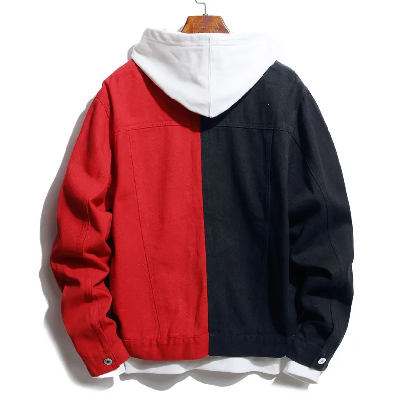 Autumn winter men denim jacket fashion self-cultivation casual two-color stitching black/red black/blue black/white jeans | Мужская