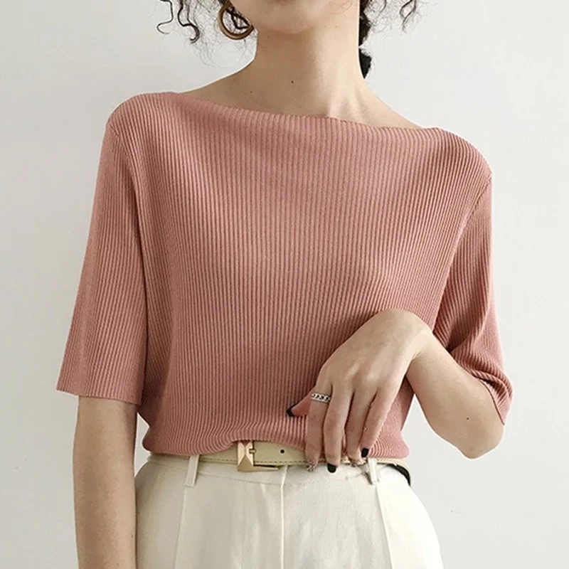 Slash Neck Summer T-Shirts Women Ice silk Knitted Slim short sleeve Casual T shirt Elasticity Wild Tops Y2k Solid 6 Colors
Slash Neck Summer T-Shirts Women Ice silk Knitted Slim short sleeve Casual T shirt Elasticity Wild Tops Y2k Solid 6 Colors