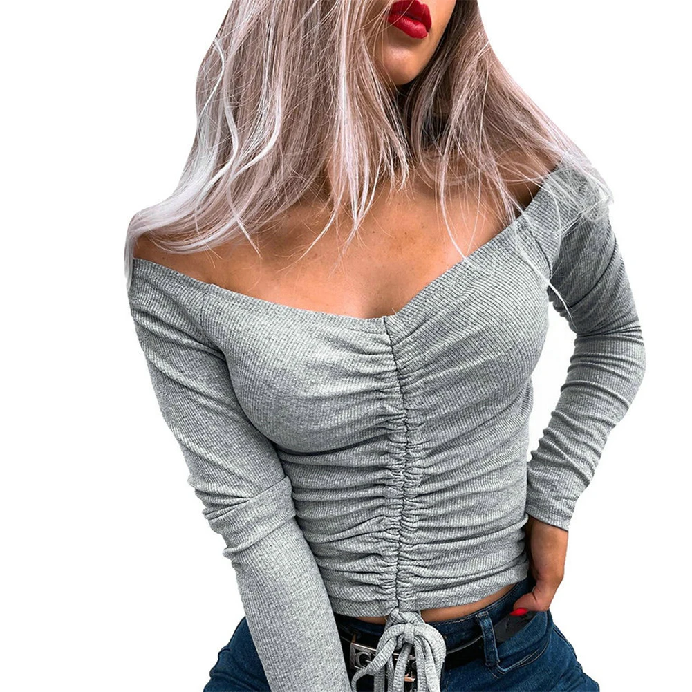 Women Short Knitting Shirt, Solid Color Long Sleeve Off-the-shoulder Tight Drawstring Top
Women Short Knitting Shirt, Solid Color Long Sleeve Off-the-shoulder Tight Drawstring Top