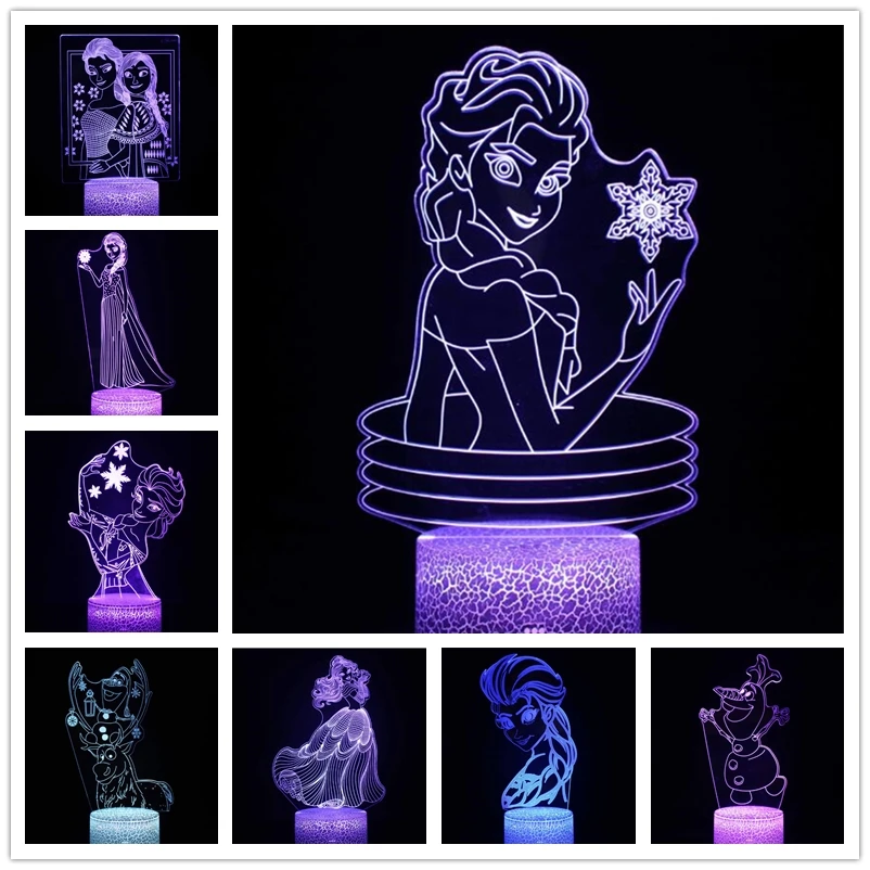 Disney Cartoon 3D Night Light Frozen Princess Acrylic LED Illusion Lamp for Children Bedroom Decortion Touch Table Lamp Kid Gift