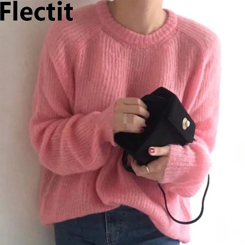 Flectit Fuzzy Mohair Sweater Women Cozy Long Sleeve O-Neck Pink Yellow Jumper Autumn Winter Knit Tops Pullovers Korean Fashion * | Женская