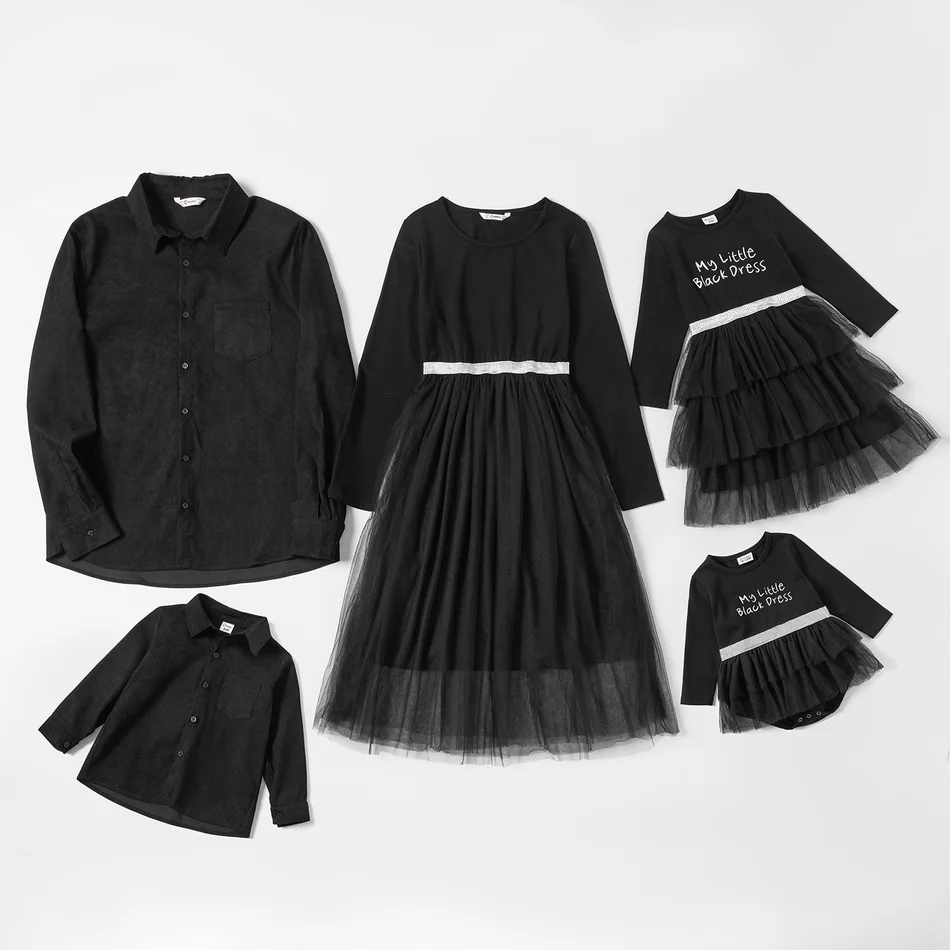 Семейный комплект из хлопка черного цвета с мозаикой PatPat (платья из чистой пряжи-однотонные рубашки с пуговицами спереди) 
Семейный комплект из хлопка черного цвета с мозаикой PatPat (платья из чистой пряжи-однотонные рубашки с пуговицами спереди)