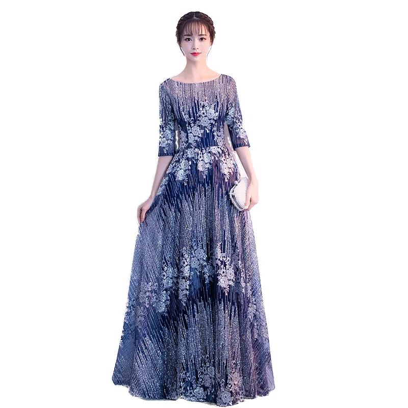 Navy Blue Elegant Long Banquet Gown Female Exquisite Sequins Appliques Trim Host Prom Dresses 3/4 Sleeve Formal Party Dress
Navy Blue Elegant Long Banquet Gown Female Exquisite Sequins Appliques Trim Host Prom Dresses 3/4 Sleeve Formal Party Dress