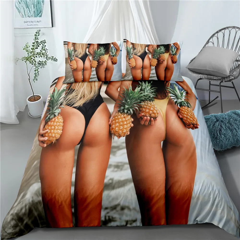 

3D Print Pineapple Cover Set Sexy Buttocks Girl Bedding Set Queen Size Home Bed Bikini Beach Quilt Cover
