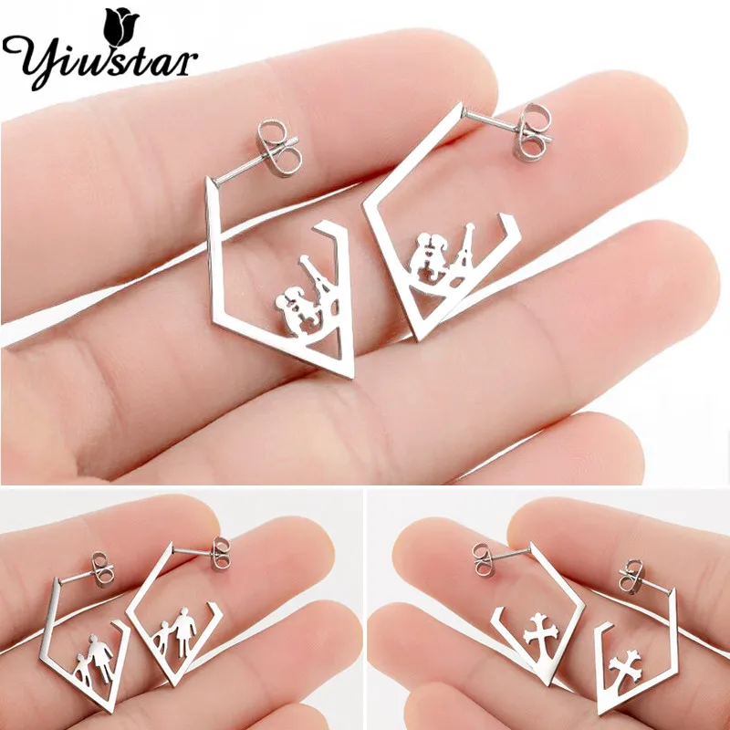 

Father's Day Simple Triangle Earrings Stud For Women Stainless Steel Earring Wholesale Geometry Tiny Eiffel Tower Jewelry Gift
