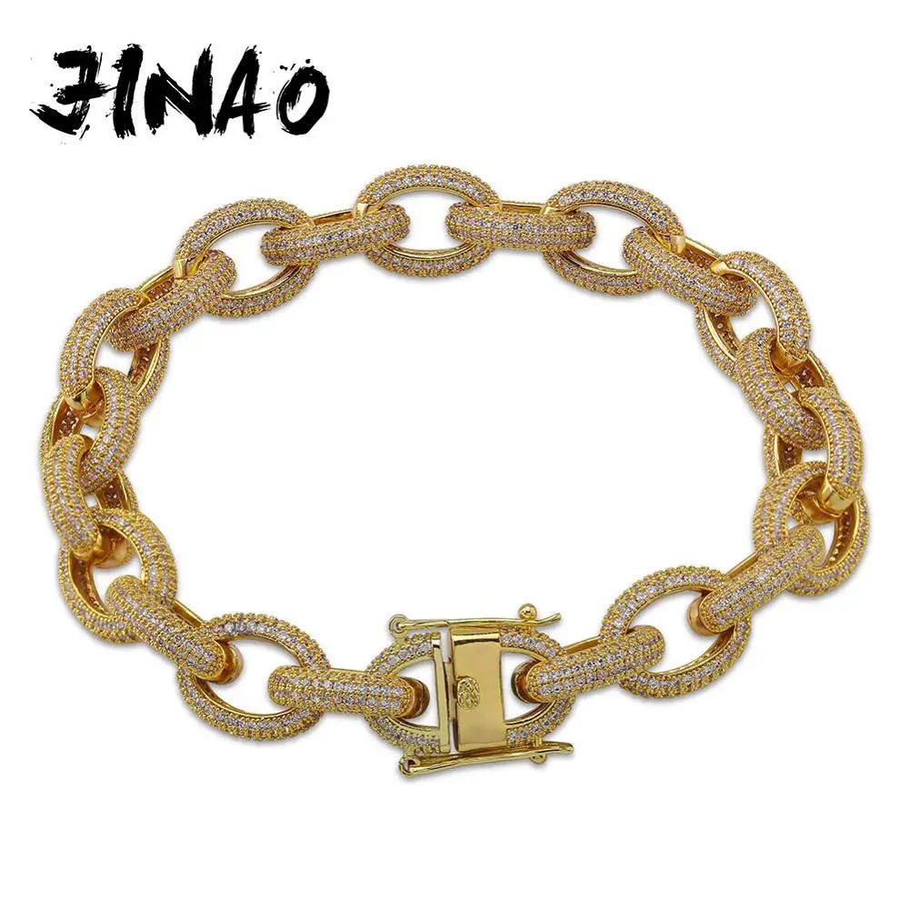 

JINAO 12MM Hip Hop Iced Out Men Bracelets Gold AAA Cubic Zircon Heavy Copper Material Twisted and Oval Link Bracelet 7"8"
