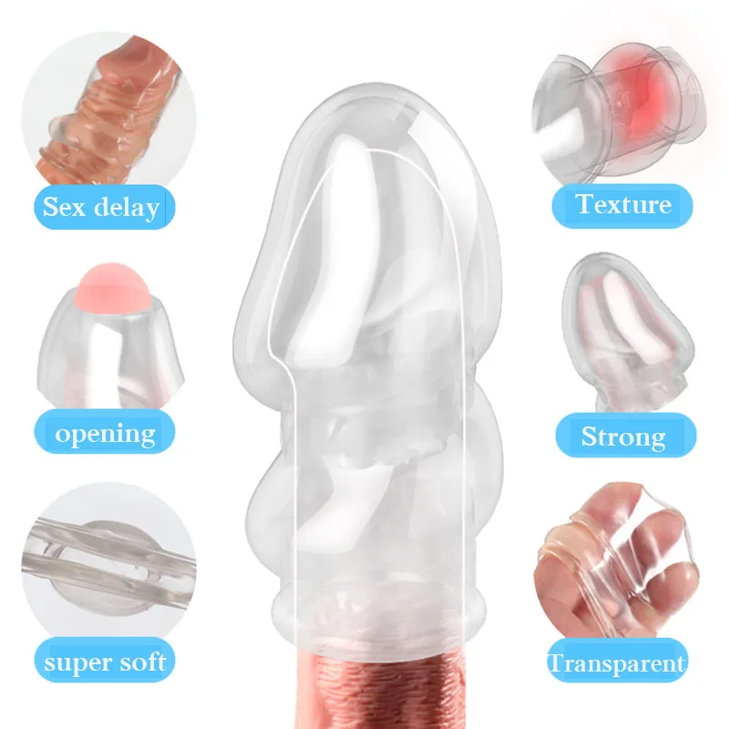 

Силиконовое кольцо, прозрачный рукав для члена, удлинитель для пениса, задержка эякуляции, массажер для пениса, секс-игрушки для мужчин
