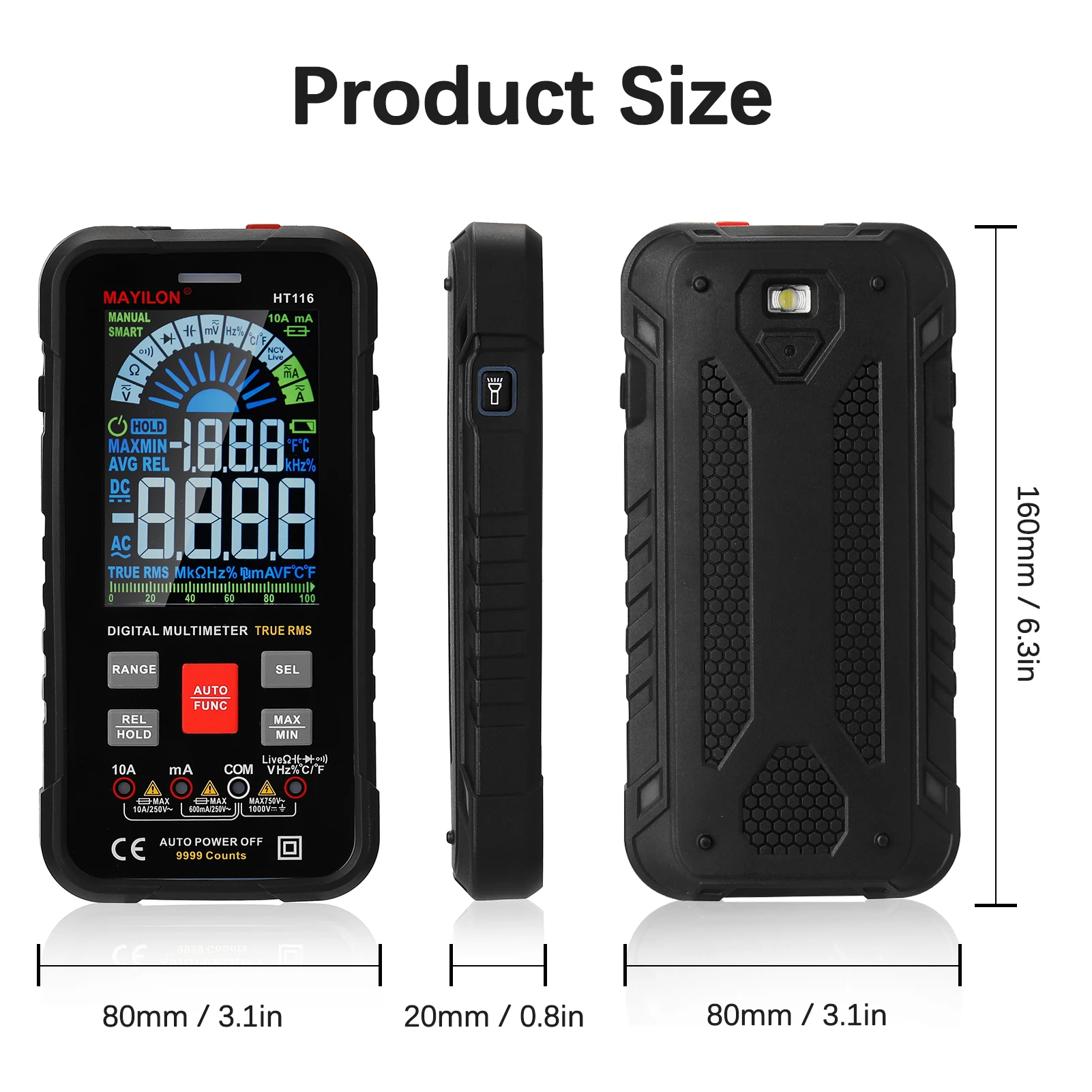 MAYILON HT116 Multimeter Display Screen 9999 Counts Multimeter Flashlight Function Ture RMS NCV Direct Current AC Voltage
MAYILON HT116 Multimeter Display Screen 9999 Counts Multimeter Flashlight Function Ture RMS NCV Direct Current AC Voltage