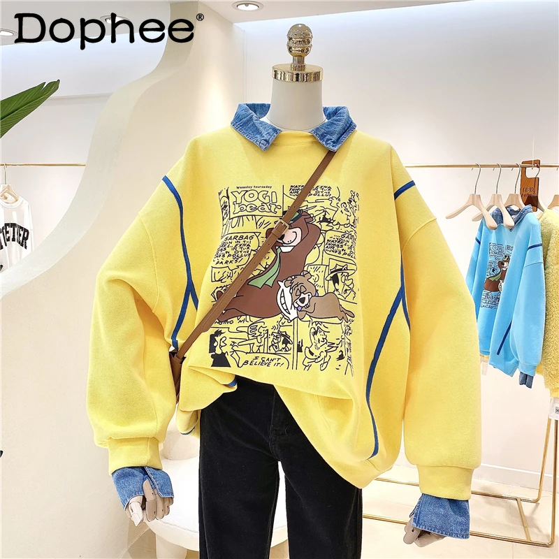 Stitching Denim Lazy Spring and Autumn All-Match Hoodie Cartoon Print Loose Plus Size Polo Collar Pullover Sweatshirts for Women
Stitching Denim Lazy Spring and Autumn All-Match Hoodie Cartoon Print Loose Plus Size Polo Collar Pullover Sweatshirts for Women
