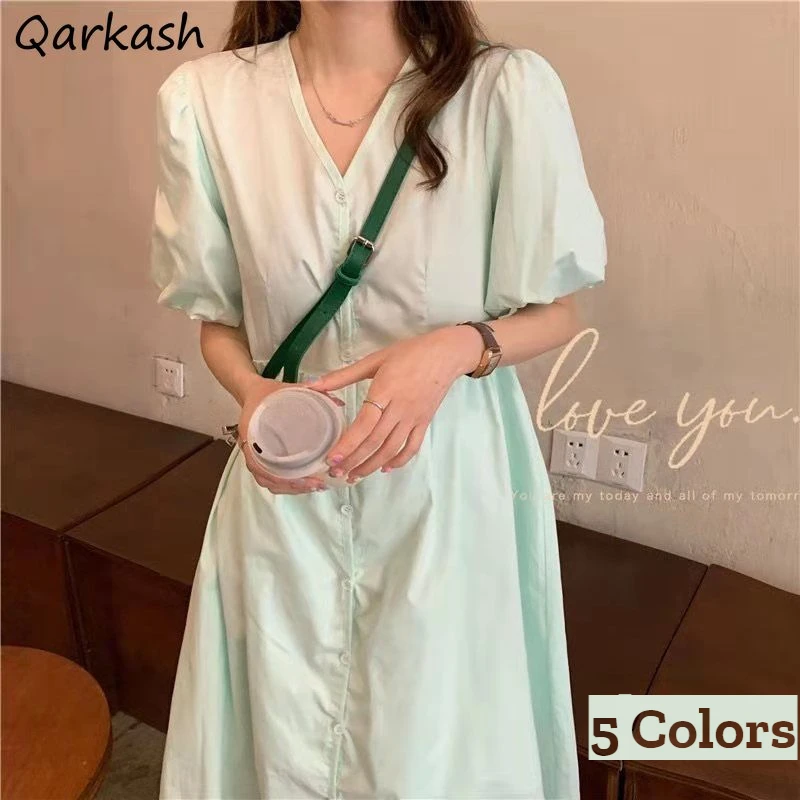 Women Summer Dress Short Puff Sleeve Single-breasted Solid 5 Colors Elegant All-match Simple Casual V-neck Vestidos Fashion Chic
Women Summer Dress Short Puff Sleeve Single-breasted Solid 5 Colors Elegant All-match Simple Casual V-neck Vestidos Fashion Chic