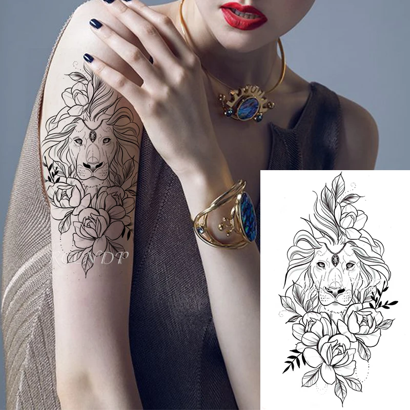 Водостойкая временная татуировка-наклейка Лев большое животное роза
