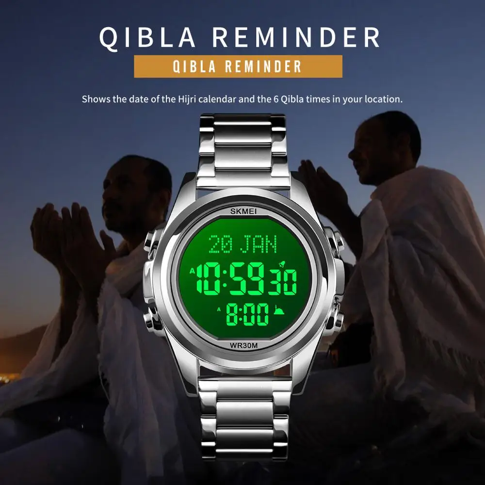 

SKMEI Qibla Digital Watch Men's Qibla Time Reminder LED Stainless Steel Religious Month Electronic Prayer Clocks relogio 1667