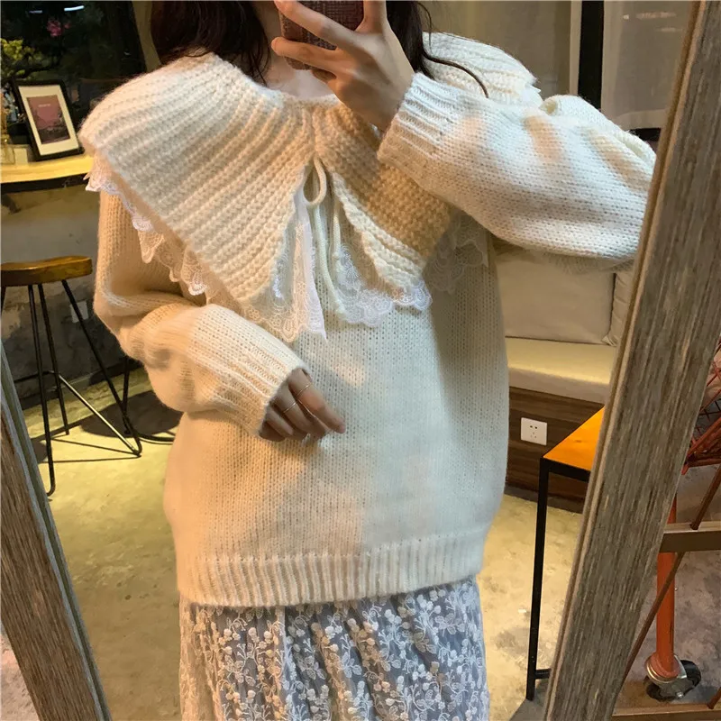 2020 Autumn & Winter New Arrival Lace Stitching Lotus Leaf Collar Sweater Loose Sleeve Student Long Sleeve Sweater Free Shipping
2020 Autumn & Winter New Arrival Lace Stitching Lotus Leaf Collar Sweater Loose Sleeve Student Long Sleeve Sweater Free Shipping