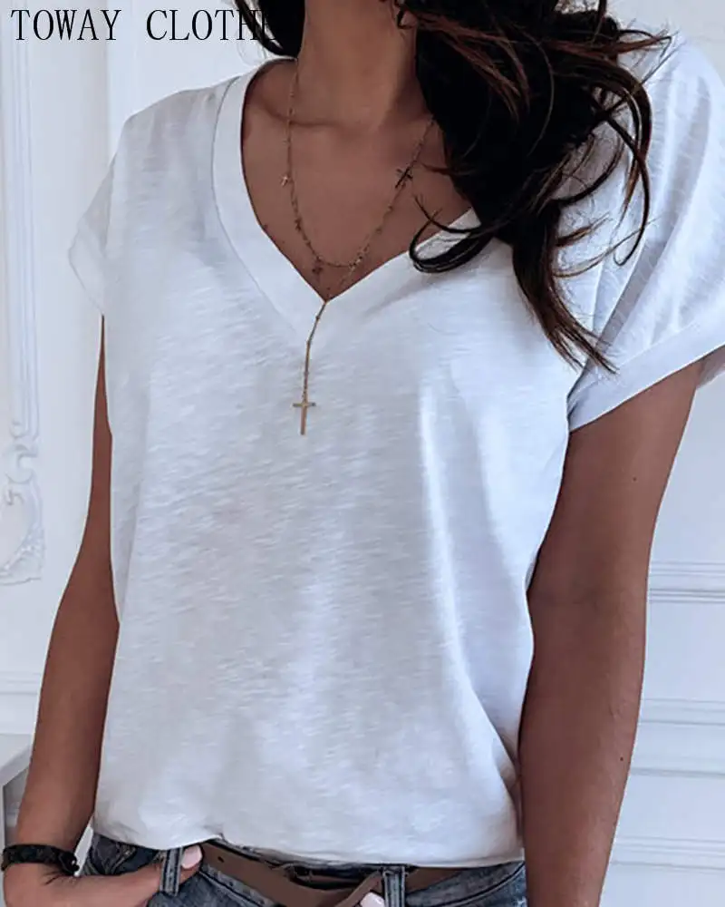 Женская летняя Однотонная футболка с V-образным вырезом и коротким рукавом 
Женская летняя Однотонная футболка с V-образным вырезом и коротким рукавом