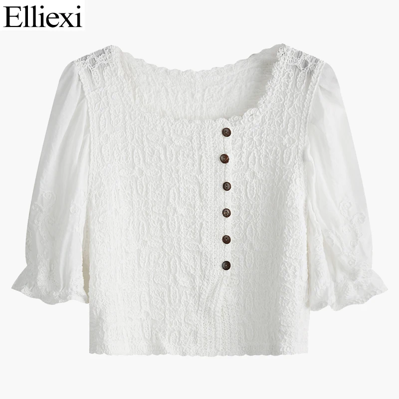 Elliexi Women Lace Tops Puff Short Sleeve French Fashion White Woman Shirt Button Hollow Out Square Neck Tops Clothes New
Elliexi Women Lace Tops Puff Short Sleeve French Fashion White Woman Shirt Button Hollow Out Square Neck Tops Clothes New