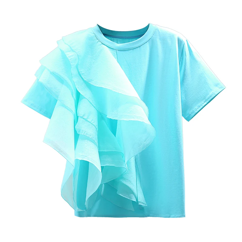 Summer T Shirt Women 2021 Korean Style Loose Irregular Ruffles Patch Solid Color Casual Short Sleeve T-shirt Fashion Female Top
Summer T Shirt Women 2021 Korean Style Loose Irregular Ruffles Patch Solid Color Casual Short Sleeve T-shirt Fashion Female Top