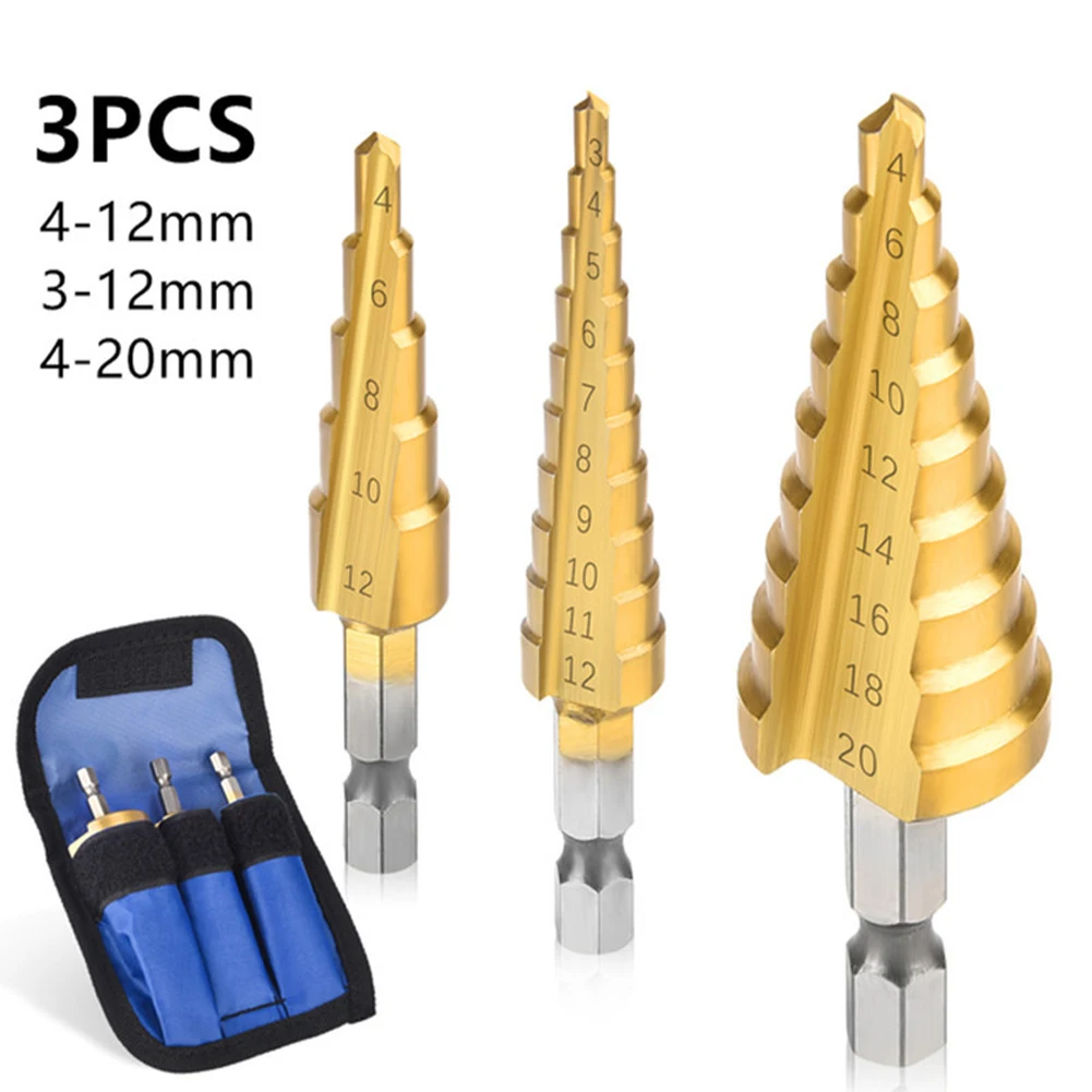 3-Piece Step Drill Bit Set HSS Titanium Coated Hexagonal Shank Tapered Drill Bit DIY Woodworking Tools
3-Piece Step Drill Bit Set HSS Titanium Coated Hexagonal Shank Tapered Drill Bit DIY Woodworking Tools