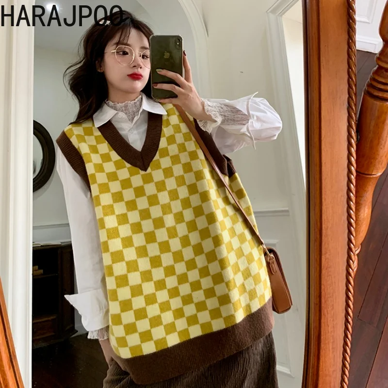 

Harajpoo Women Waistcoat V Neck Lattice Outer Vest Japanese Spring Autumn 2021 New Niche Design Sense Stacking Knitted Sweater