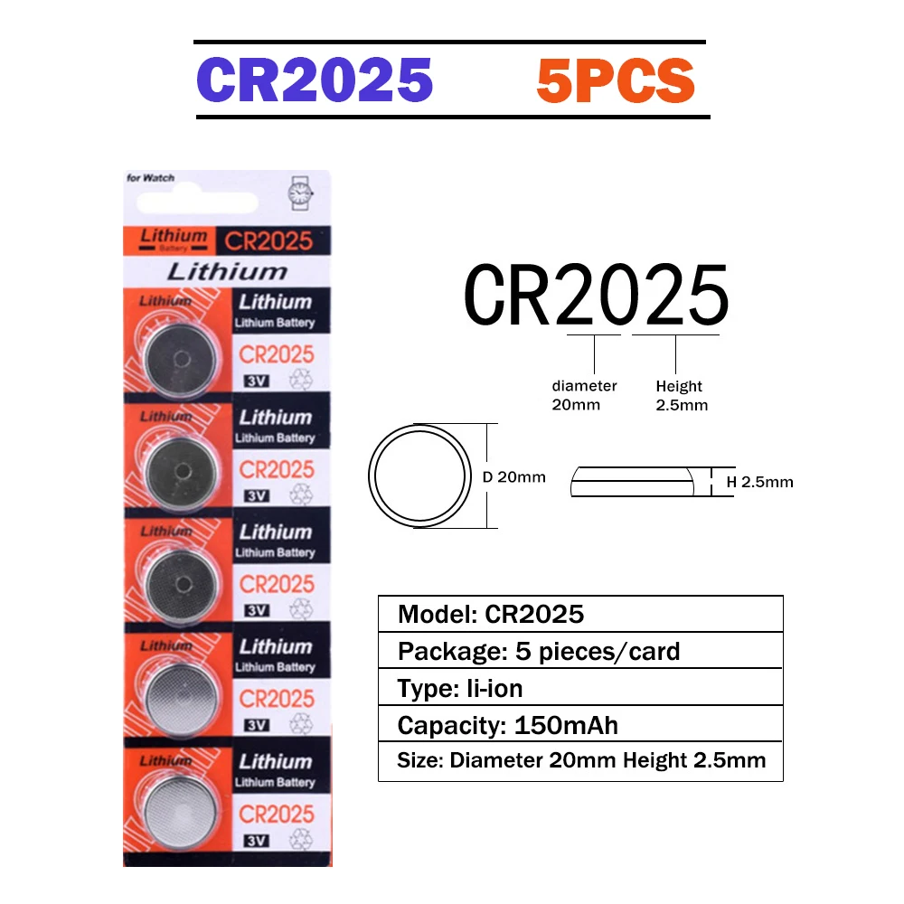 CR2025 5Pcs Lithium Button Battery 150mAh BR2025 KCR2025 DL2025 EE6226 2025L12 Coin Cell Batteries 3V For Watch Toy Control
CR2025 5Pcs Lithium Button Battery 150mAh BR2025 KCR2025 DL2025 EE6226 2025L12 Coin Cell Batteries 3V For Watch Toy Control