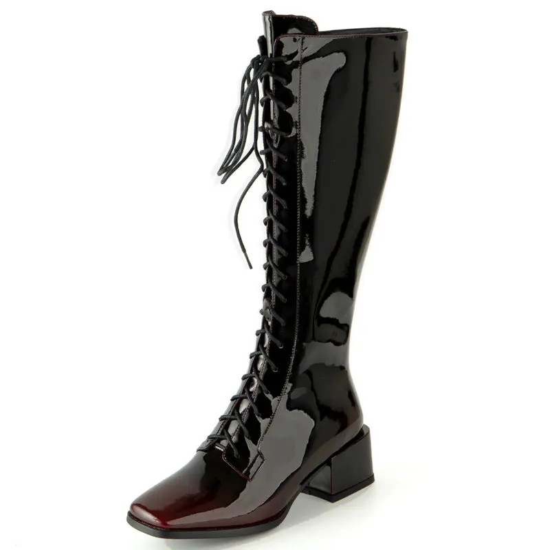 Fashion Women Patent Leather Knee-High Boots Square Toe High Heels Casual lace up Shoes Woman 2021 Winter Autumn boots woman
Fashion Women Patent Leather Knee-High Boots Square Toe High Heels Casual lace up Shoes Woman 2021 Winter Autumn boots woman