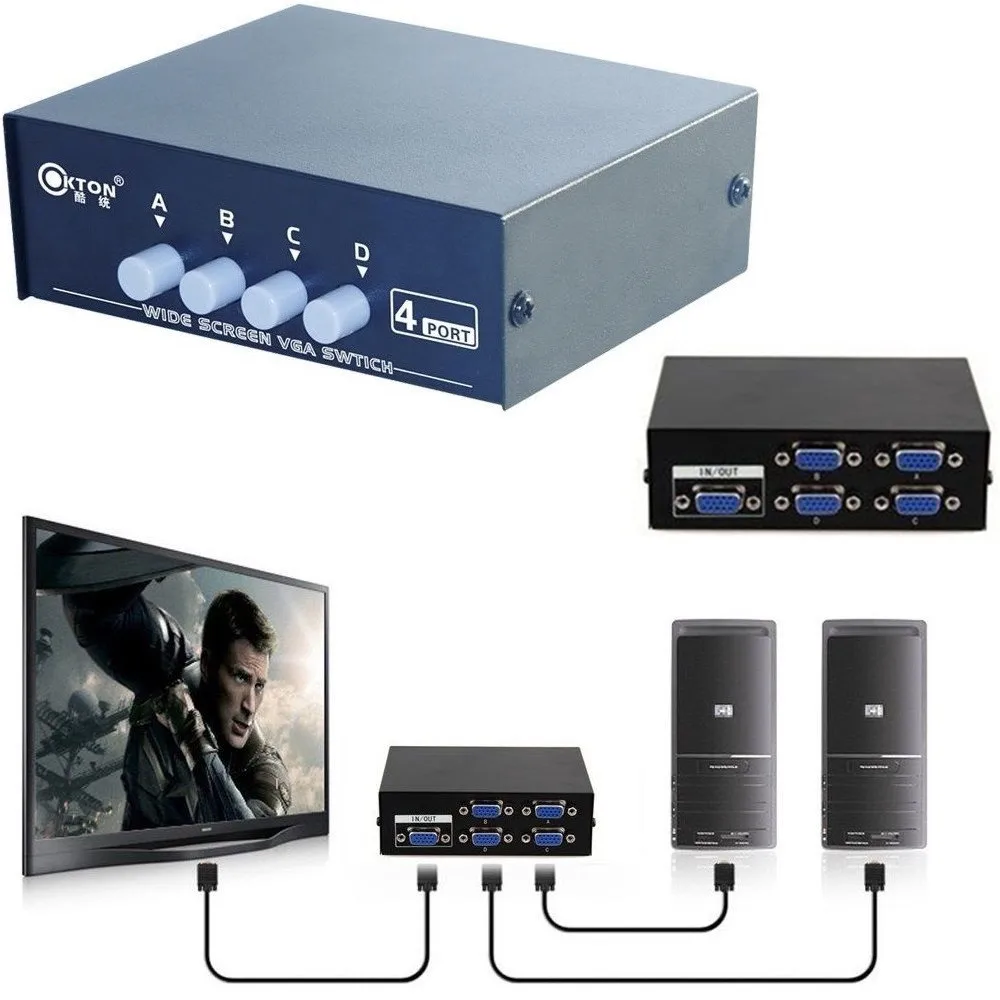 4 I/O Ports VGA SVGA Monitor Sharing Switch Box 4 In 1 Out For LCD PC TV Screen - PC 4 Monitors or 1 Monitor 4 PCs
4 I/O Ports VGA SVGA Monitor Sharing Switch Box 4 In 1 Out For LCD PC TV Screen - PC 4 Monitors or 1 Monitor 4 PCs