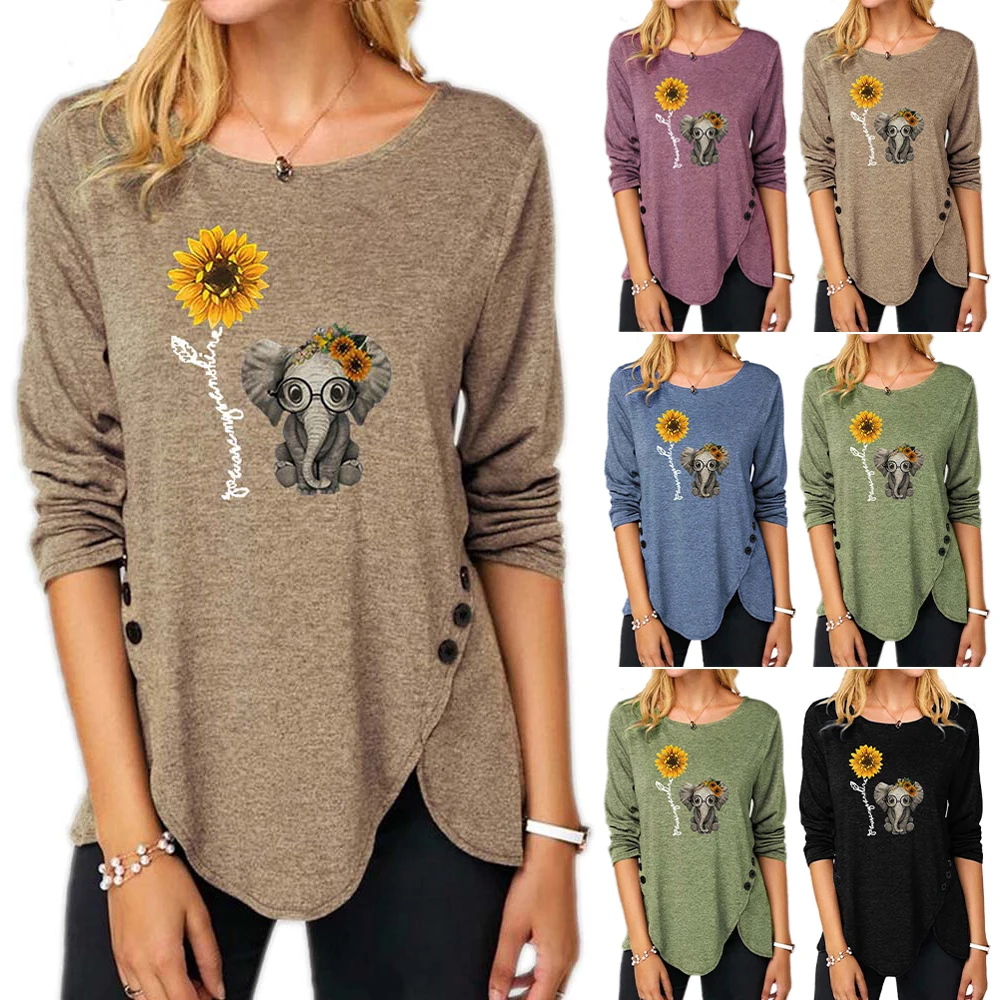Female T shirt Autumn Outfits Women Plus Size O-neck T-Shirt with Buttons Printed Long Sleeve Tshirt Cotton Top Women 
Female T shirt Autumn Outfits Women Plus Size O-neck T-Shirt with Buttons Printed Long Sleeve Tshirt Cotton Top Women