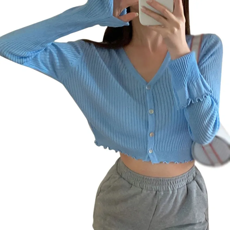 Autumn Short Exposed Navel Knitted Cardigan Ice Silk Single-Breasted V-Neck Long Sleeve Sunscreen Solid Color Top/
Autumn Short Exposed Navel Knitted Cardigan Ice Silk Single-Breasted V-Neck Long Sleeve Sunscreen Solid Color Top/