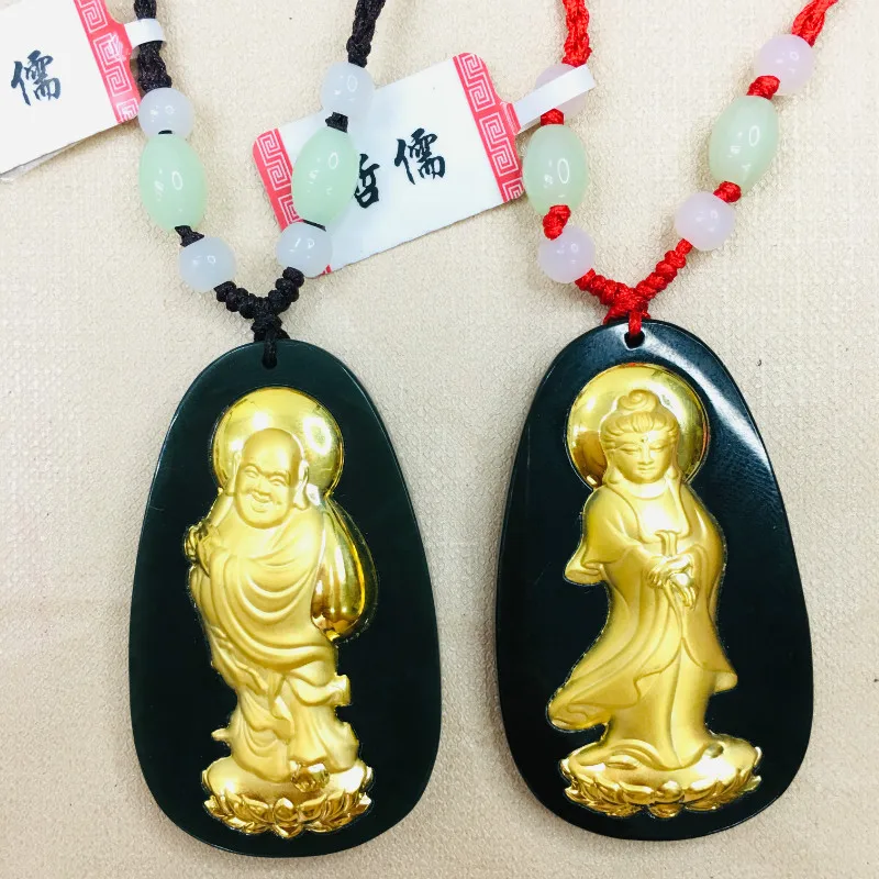 Zheru Natural Hetian jade pendant Inlaid with gold Guanyin Buddha green bead necklace Send certificate | Украшения и аксессуары