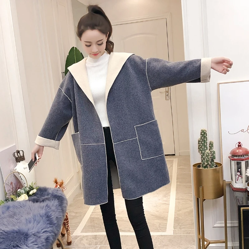 Women Autumn Winter Long Sleeves Hooded Double-sided Woolen Coat Korean Style Solid Color Overcoat Mid-length Loose Topcoat with
Women Autumn Winter Long Sleeves Hooded Double-sided Woolen Coat Korean Style Solid Color Overcoat Mid-length Loose Topcoat with