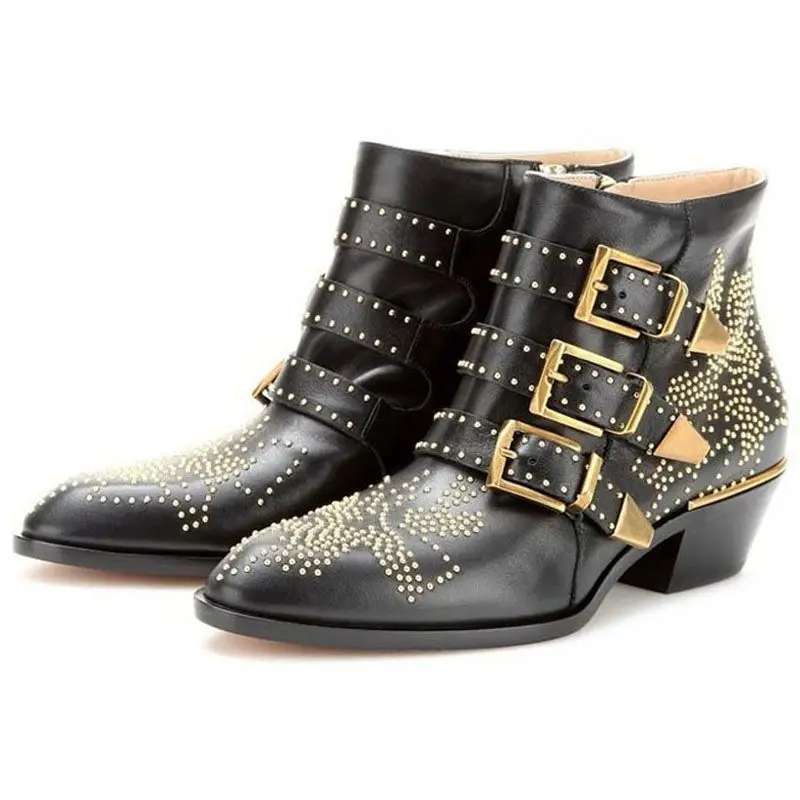 Classic pointed thick heel leather buckle rivet boots fashion show big short boot trend
Classic pointed thick heel leather buckle rivet boots fashion show big short boot trend