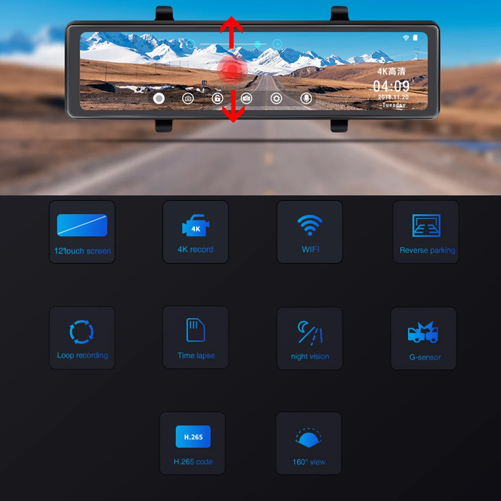 4K HD Dual Lens Rearview Mirror Driving Recorder G-Sensor 12 Inch Low-Light Night Vision WIFI Function Reversing Image Car Dvr
4K HD Dual Lens Rearview Mirror Driving Recorder G-Sensor 12 Inch Low-Light Night Vision WIFI Function Reversing Image Car Dvr