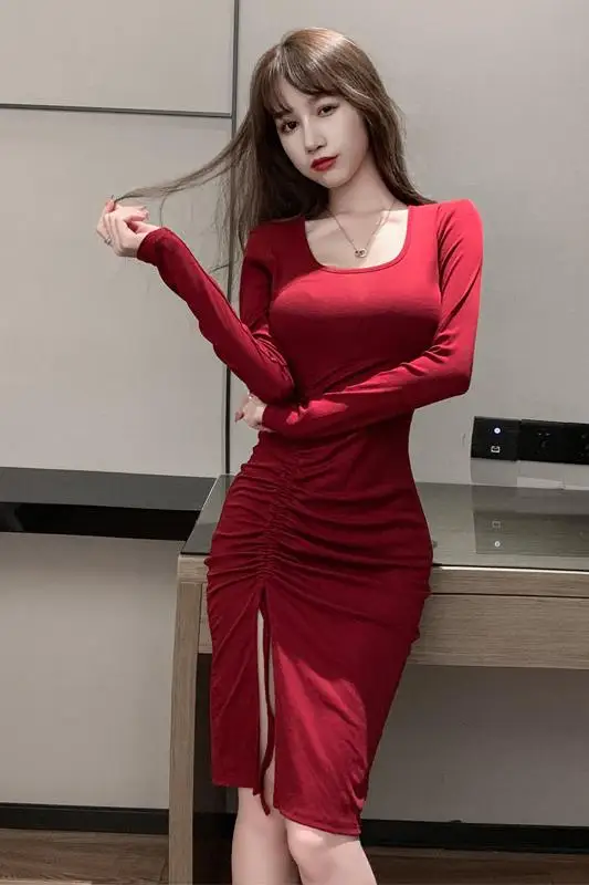 Sexy night market 2020 early autumn new folds are thin and irregular split hip long sleeve dress women
Sexy night market 2020 early autumn new folds are thin and irregular split hip long sleeve dress women