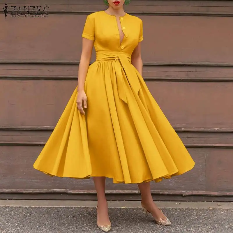 ZANZEA Casual Short Sleeve Holiday Sundress Women Elegant Solid Maxi Dress Summer Vintage Party Belted Vestidos Button OL Kaftan
ZANZEA Casual Short Sleeve Holiday Sundress Women Elegant Solid Maxi Dress Summer Vintage Party Belted Vestidos Button OL Kaftan