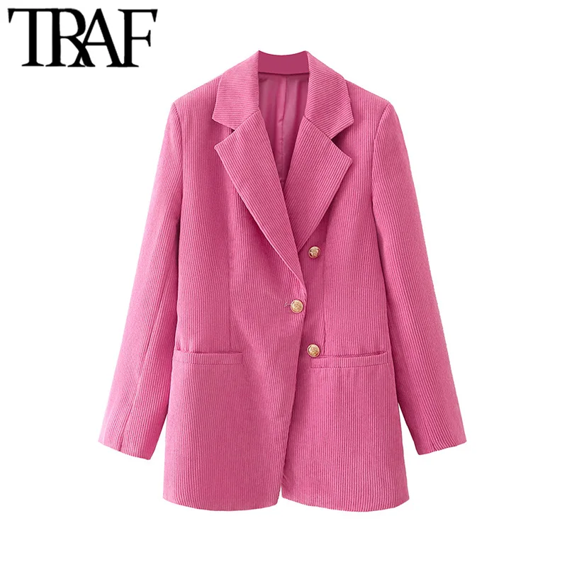 

TRAF Women Fashion Single Button Corduroy Blazer Coat Vintage Long Sleeve Welt Pockets Female Outerwear Chic Veste Femme