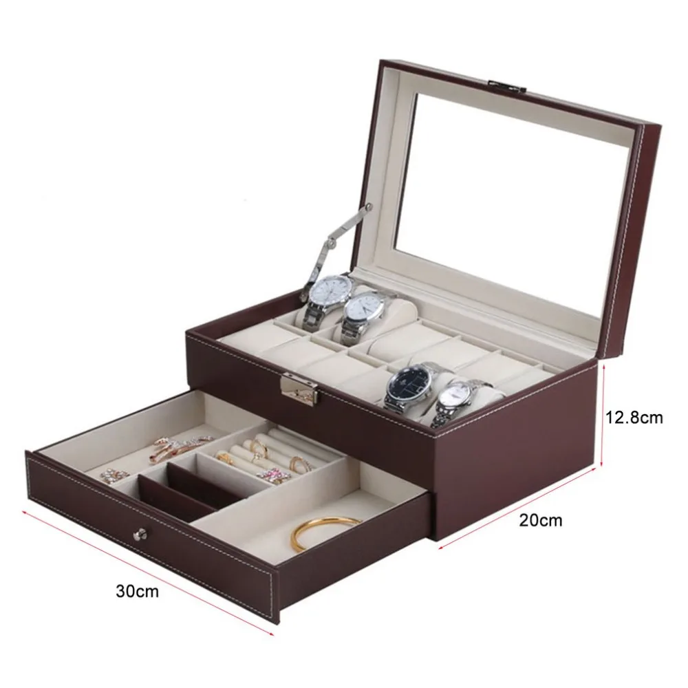 

12 Grids Slots Professional Watches Storage Box Double Layers PU Leather Watch Case Organizer Box Holder Black Brown Colors
