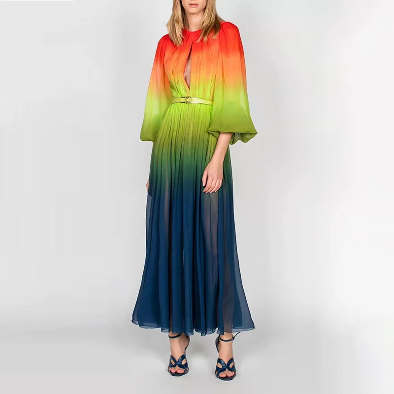 Ladies Dress Gradient Color Round Neck Lantern Sleeve Long Skirt Hollow Chiffon Large Swing Skirt Autumn New Style
Ladies Dress Gradient Color Round Neck Lantern Sleeve Long Skirt Hollow Chiffon Large Swing Skirt Autumn New Style