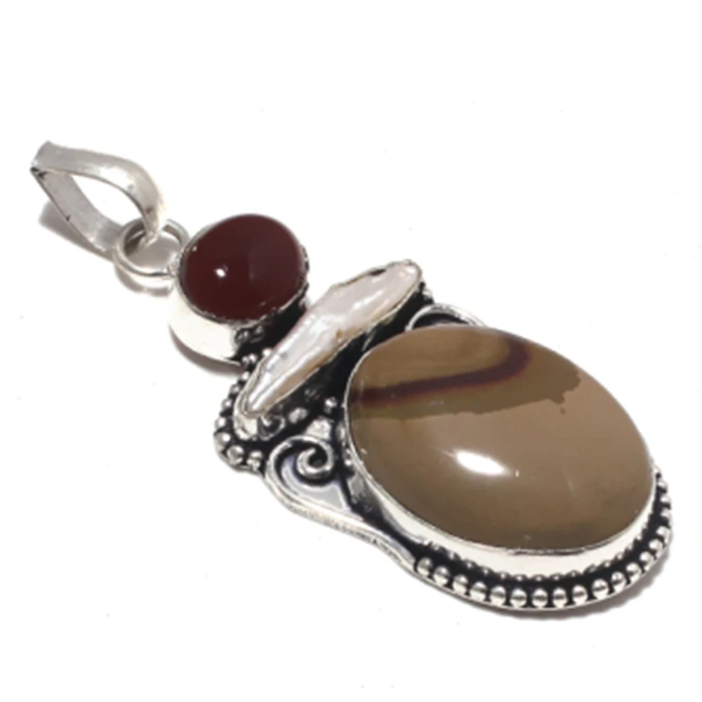 Genuine Mookaite Jasper + Biwa Pearl + Carnelian Pendant Silver Overlay over Copper , Hand made Women Jewelry gift, P8575
Genuine Mookaite Jasper + Biwa Pearl + Carnelian Pendant Silver Overlay over Copper , Hand made Women Jewelry gift, P8575