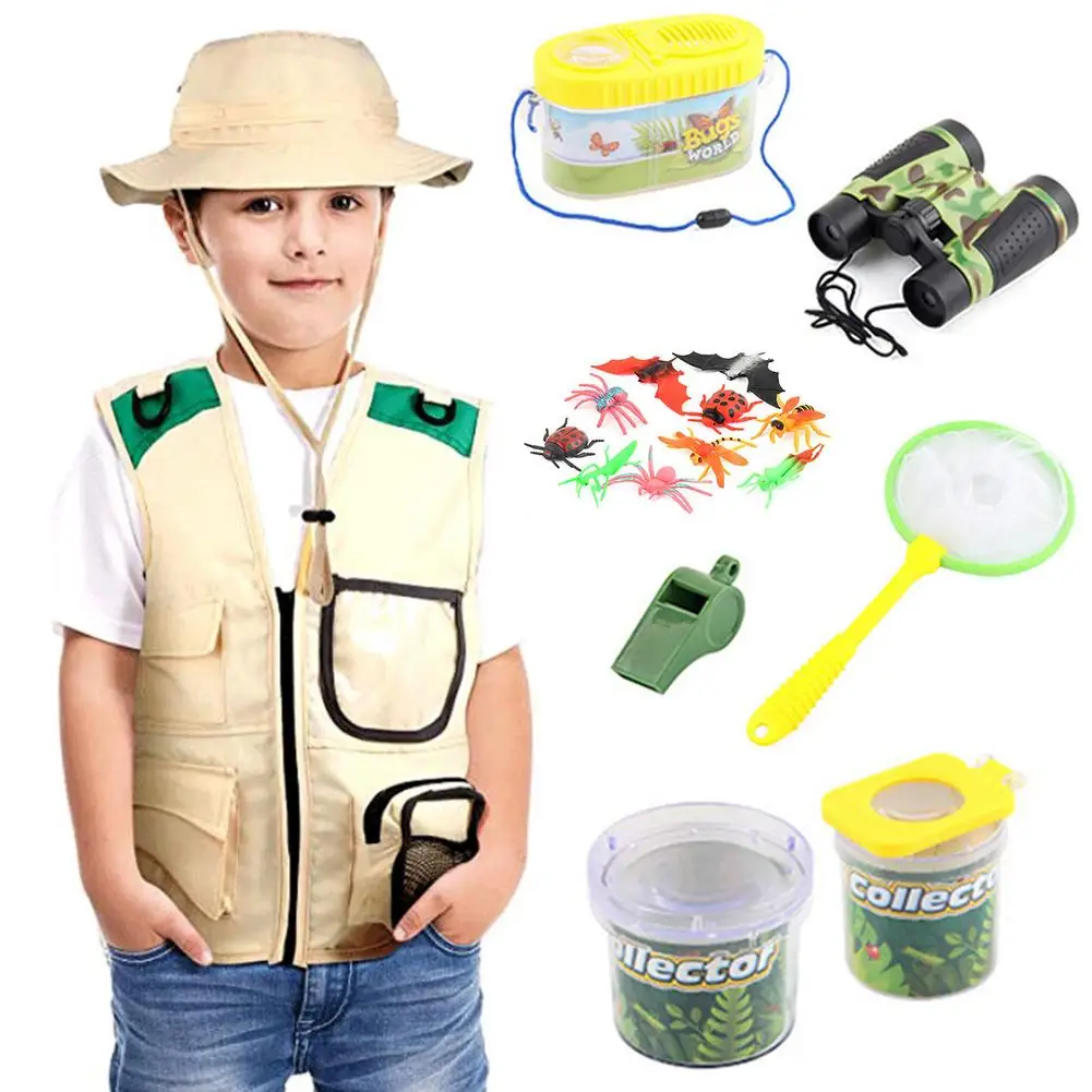 

26Pcs Children's Vest Hat Set Outdoor Explorer Kit Bug Catching Kit Adventure Toys Telescope Compass Insect Kids Catching Toy