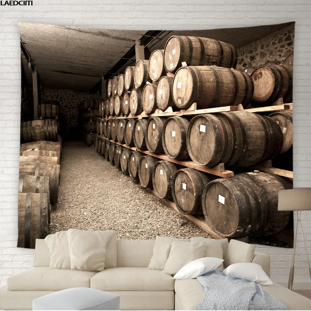 

Vintage Old Wooden Wine Cellar Tapestry Oak Barrel Grape Country FarmhouseBackground Wall Hanging Cloth Living Room Home Decor